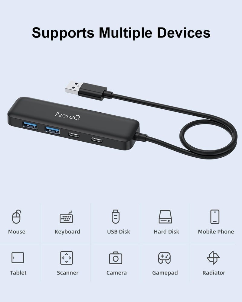 NewQ Dual USB C USB A 3.0 Hub: 4 Ports USB Hub with 2* USB-C 3.0 and 2* USB-A 3.0, Ultra Slim Portable USB Splitter Adapter for Laptop, PS4, Flash Drive, HDD, Xbox, Printer, Keyboard, Computer Accessories - Image 4